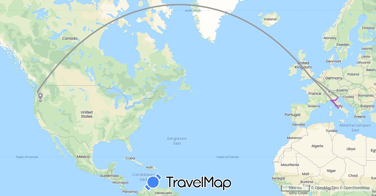 TravelMap itinerary: driving, plane, train in Switzerland, United Kingdom, Italy, United States (Europe, North America)