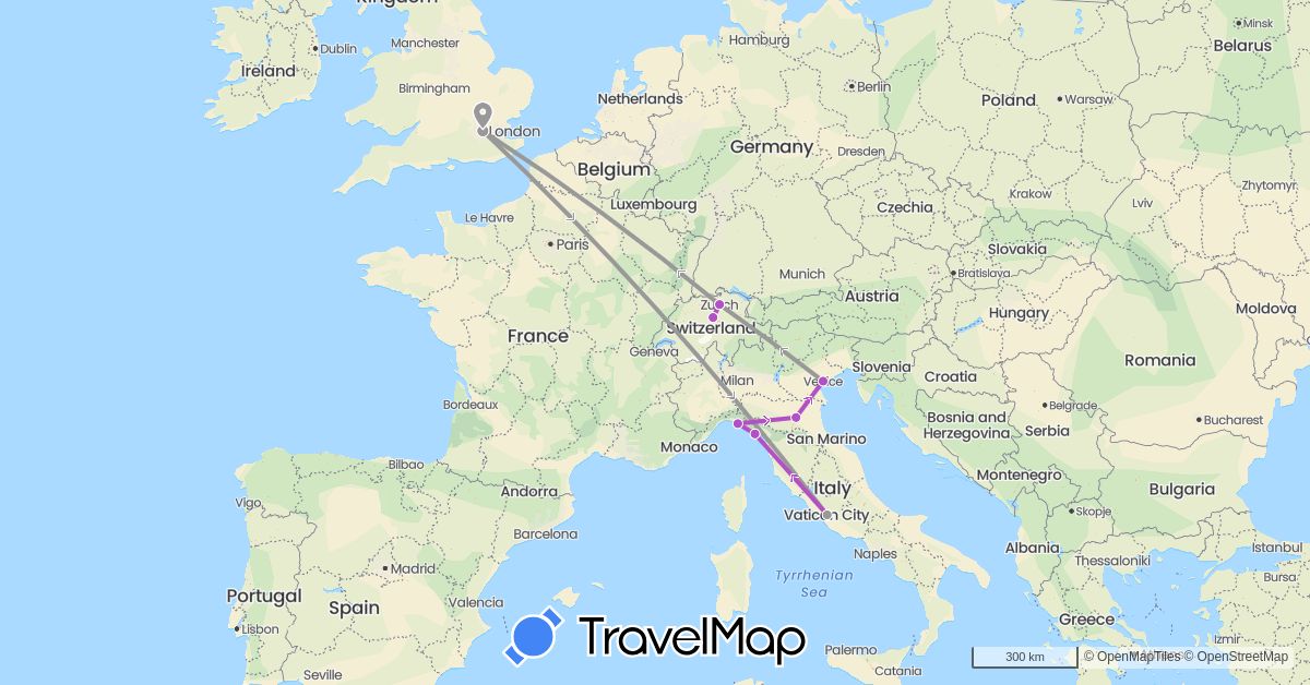 TravelMap itinerary: driving, plane, train in Switzerland, United Kingdom, Italy (Europe)